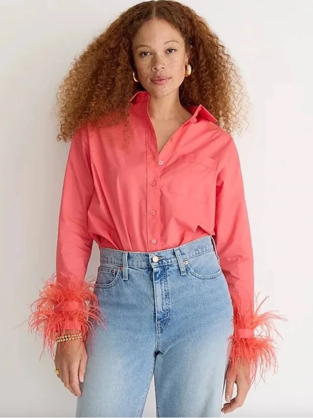 J. Crew Bright Red Feather Cuff Button-Down Shirt